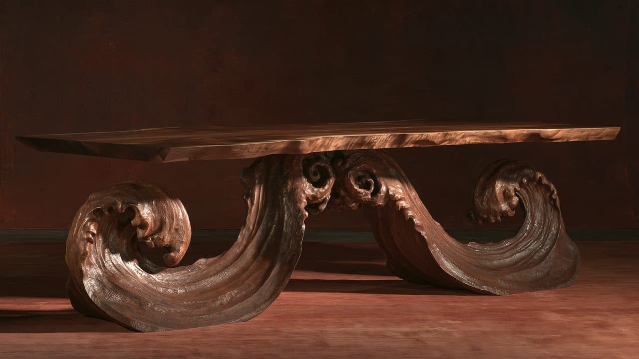 The Tide Table: a black walnut dining table on two carved wave pedestals