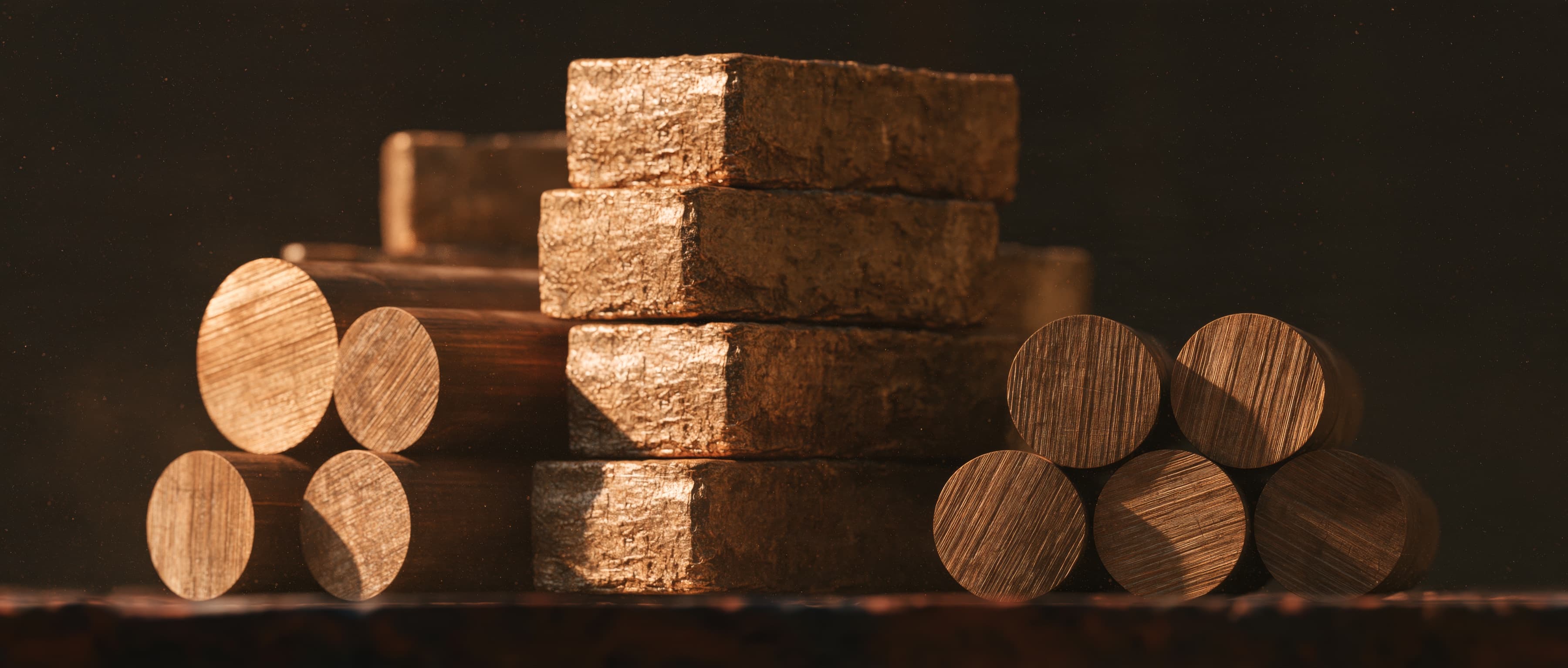 Silicon bronze ingots and round bars stacked on a workbench