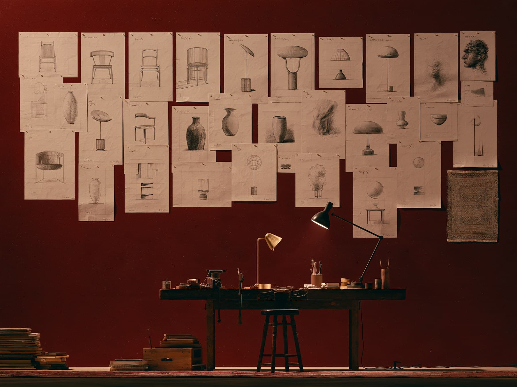 A maker's bench below a wall of designs