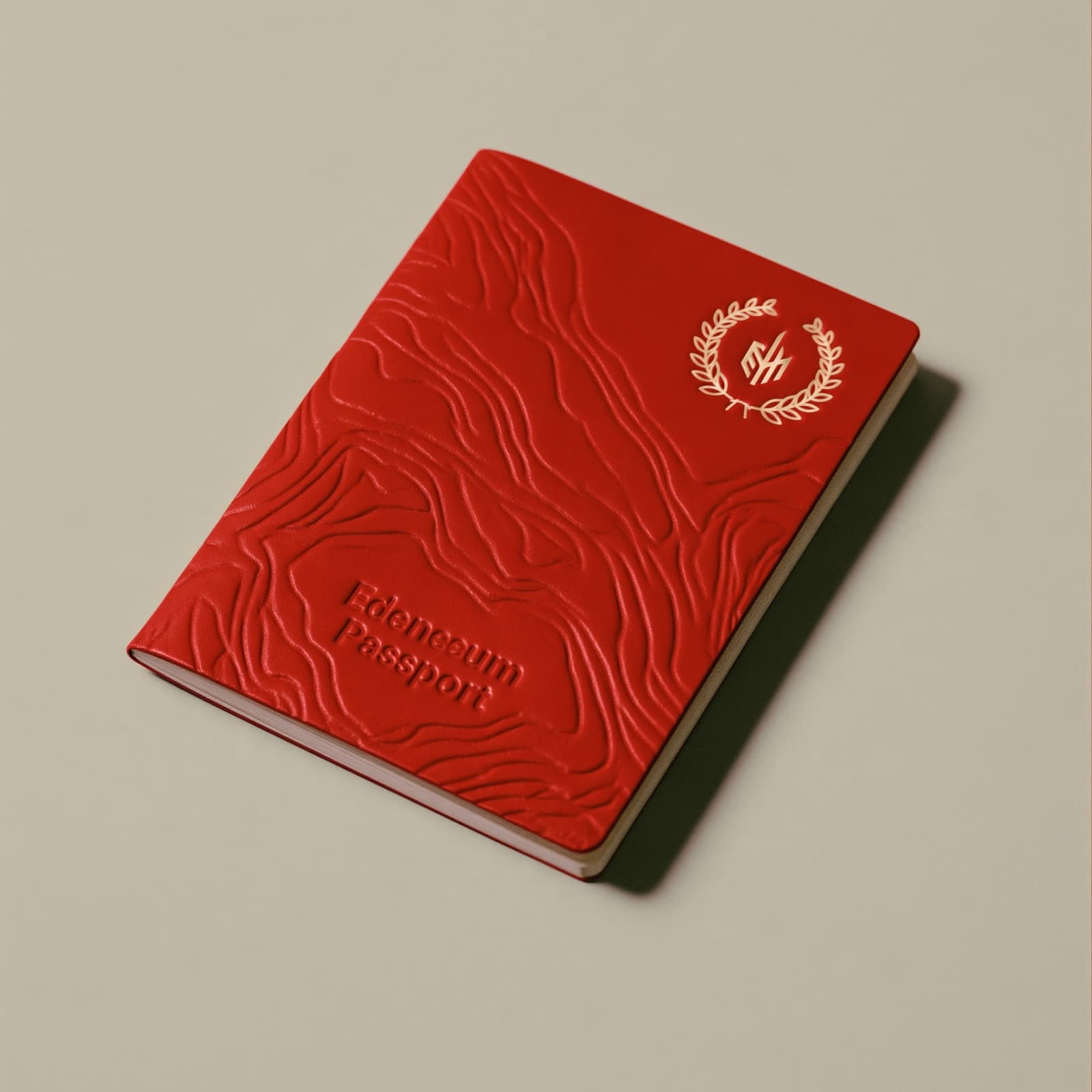 The Edeneum Passport: a red cover embossed with contour lines and the laurel seal