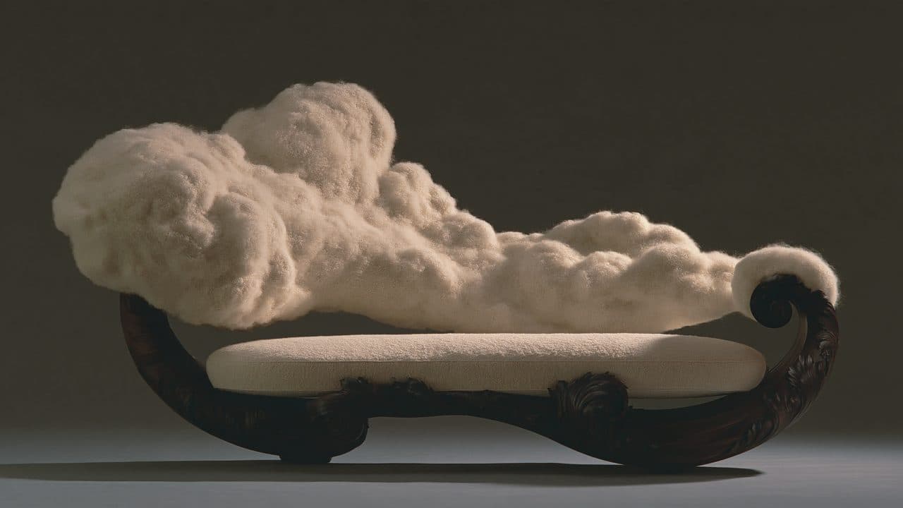 The Cloud Salon: Eight-way hand-tied curved bouclé & walnut salon sofa · 88" L × 36" D