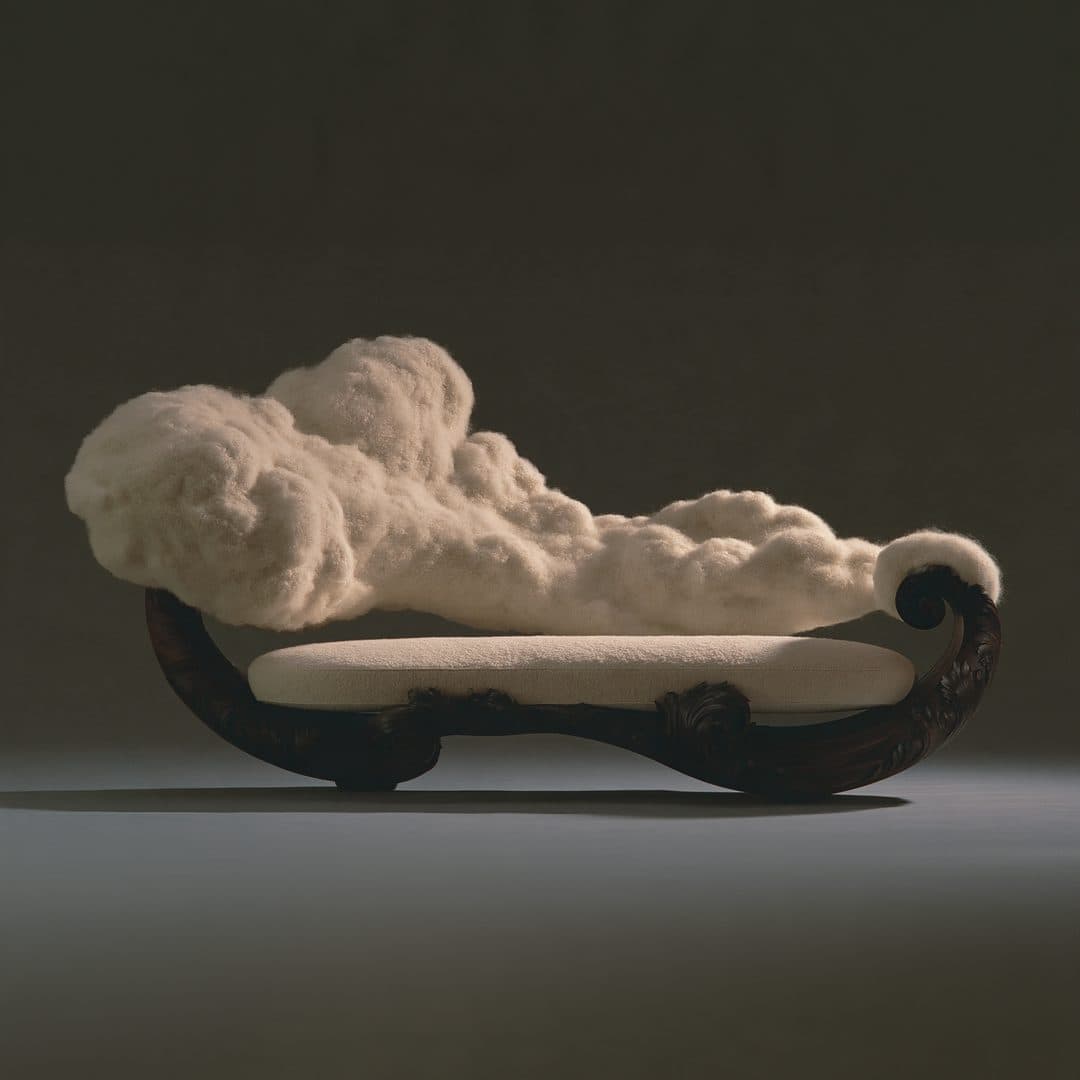The Cloud Salon: Eight-way hand-tied curved bouclé & walnut salon sofa · 88" L × 36" D