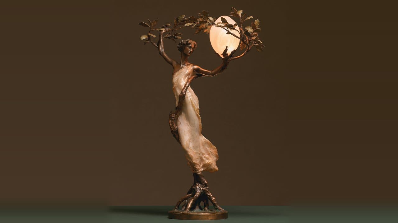 The Daphne Lamp: Lost-wax cast silicon-bronze table lamp · 24" H × 14" W