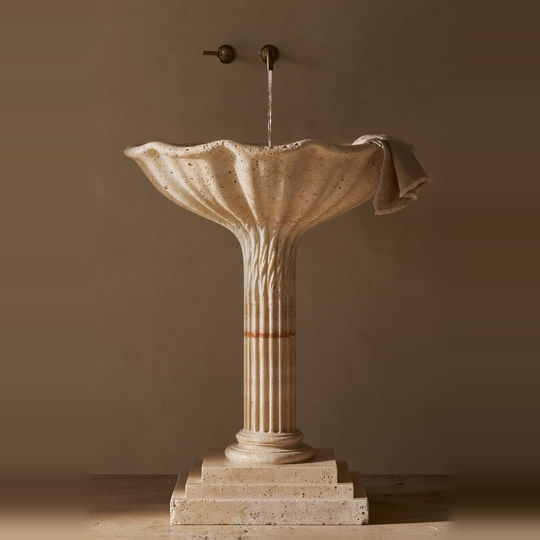 The Fountain Column: Hand-carved Roman travertine pedestal vessel sink · 36" H × 18" D