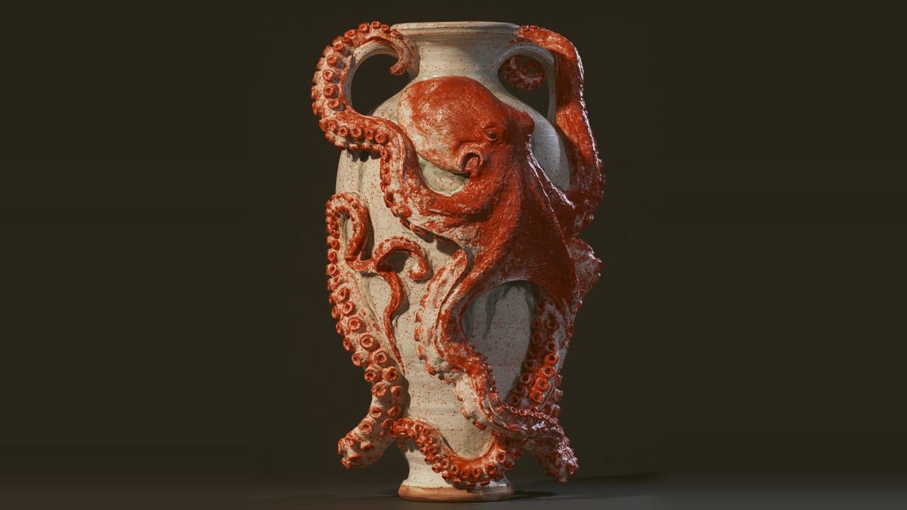 The Octopus Amphora: Wheel-thrown stoneware amphora floor vessel · 32" H × 16" D