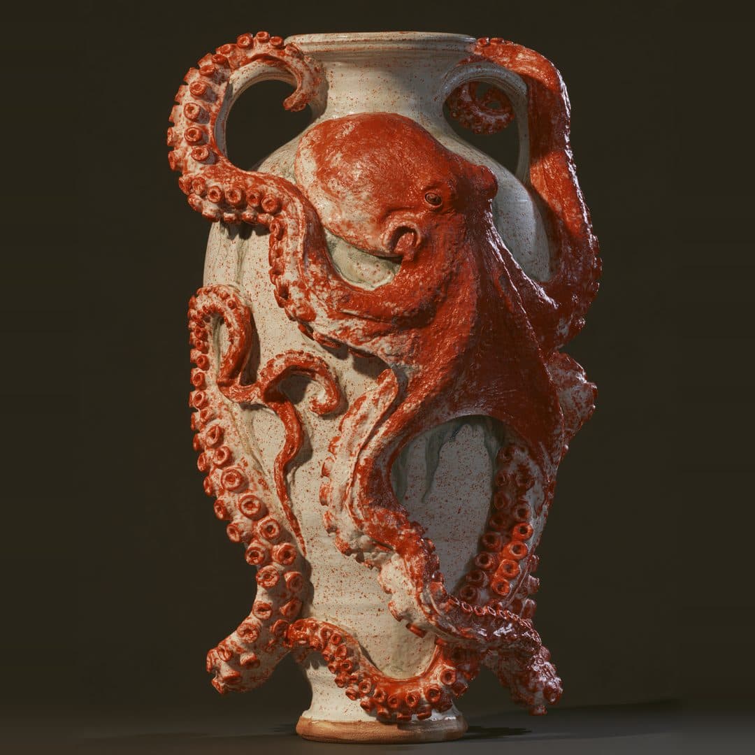 The Octopus Amphora: Wheel-thrown stoneware amphora floor vessel · 32" H × 16" D