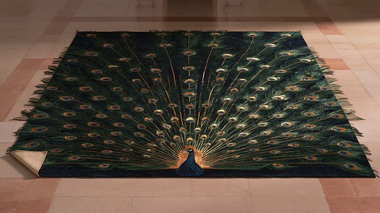 The Peacock Rug: Hand-knotted Tibetan wool & raw silk rug · 9' × 12'