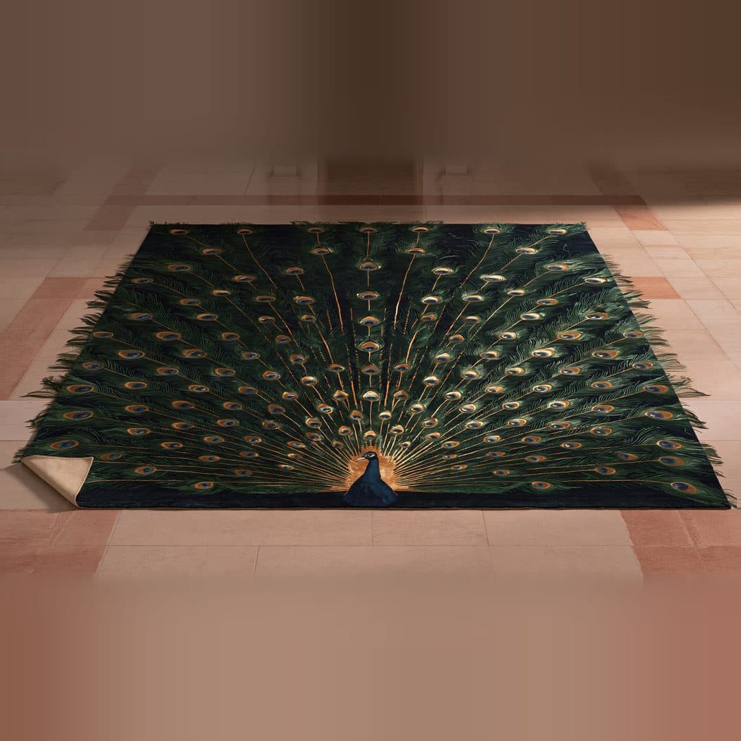 The Peacock Rug: Hand-knotted Tibetan wool & raw silk rug · 9' × 12'