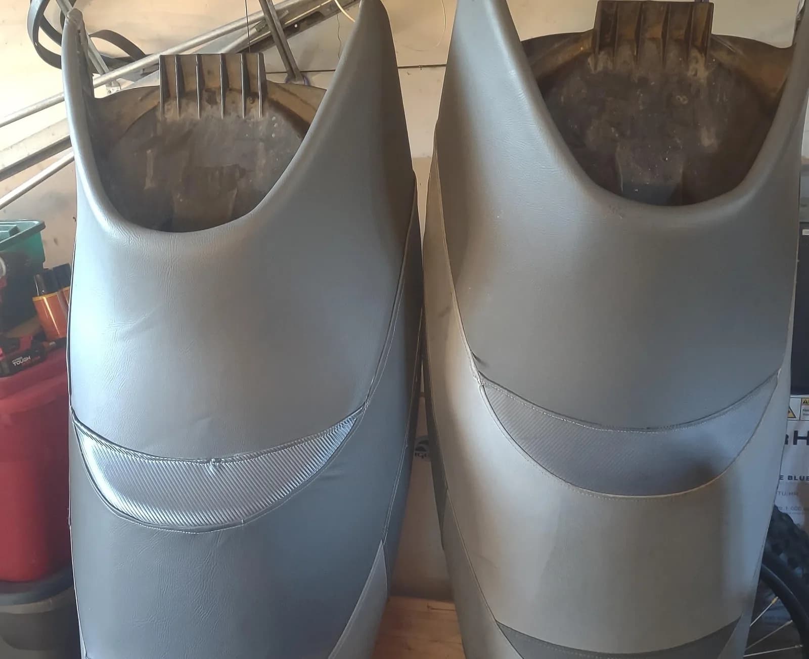 Personal watercraft seats: new cover on the left, original on the right, by Matsu Upholstery